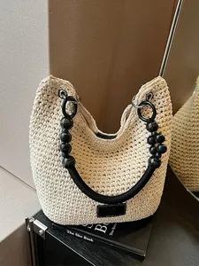 Hand-woven Hemp Rope Bucket Bag With Black Wooden Beaded Handle Bohemian Vintage Summer Beach Vacation Handbag For Women