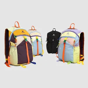 Detailed view of colorful dopamine-style backpacks in various color combinations
