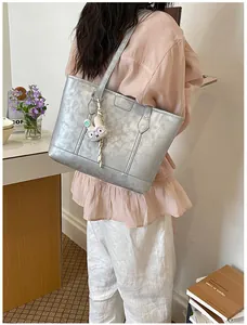 Silver tote bag for women large capacity shoulder bag with cute rabbit pendant detail