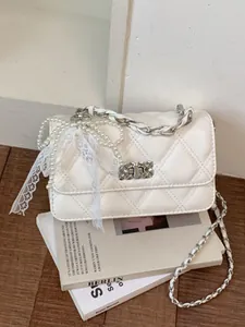 Women Elegant Quilted Small Square Bag PU Leather Chain Shoulder Crossbody Bag With Pearl Lace Pendant Sweet Style Messenger Bag