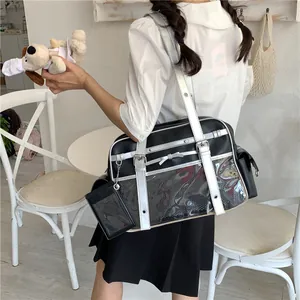 Detailed view of black Japanese Ita bag with silver straps and clear display pocket