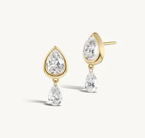Close-up of gold-plated S925 silver earrings with pear-shaped cubic zirconia drops