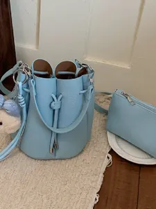 Fashion Women Bucket Bag Lychee Pattern PU Leather Handbag With Inner Pouch And Plush Pendant Drawstring Crossbody Shoulder Bag