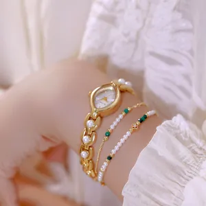 Orologio al Quarzo Vintage da Donna Cinturino in Lega con Perle Artificiali Lusso Leggero Strass Quadrante a Rombo Elegante