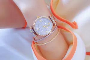 Detalle de reloj de lujo con esfera de pedrería y correa de eslabones bicolor