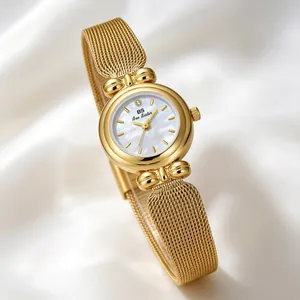 Elegante reloj dorado BS Bee Sister con esfera de nácar y correa de malla fina