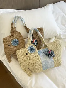 Grand sac fourre-tout en paille tissée en forme d'éléphant pour la plage d'été