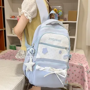 Close-up showing the back view of a cute light blue school backpack with star charm