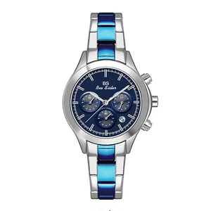 Detalle del reloj BS Bee Sister con correa de acero azul y plata y esfera multifunción