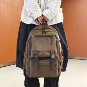 Sac à dos vintage en similicuir marron grande capacité pour l'école et les voyages