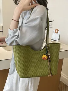 Elegante bolso tote de tejido verde con gran capacidad para el uso diario de mujer