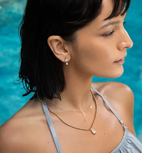 Lifestyle shot of elegant S925 sterling silver teardrop zircon earrings worn by a model