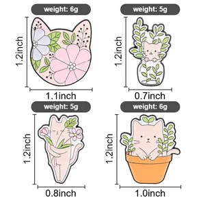 Detailed size and weight specifications for four cartoon cat and plant enamel pins