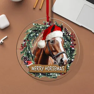 Detailed macro view of a round acrylic Christmas ornament with a festive horse illustration