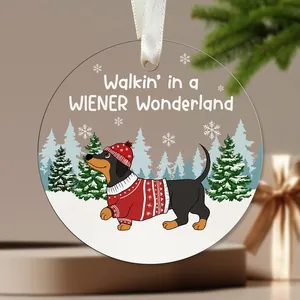 Festive round acrylic Christmas ornament featuring a dachshund in a red winter sweater