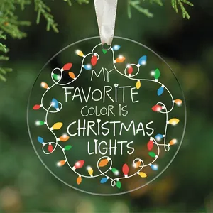 Round acrylic Christmas ornament featuring My Favorite Color is Christmas Lights design.