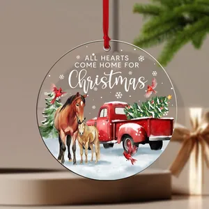 Acrylic Christmas ornament with horses, red truck and festive holiday slogan