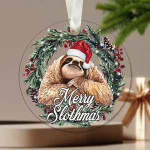 Round acrylic Christmas ornament featuring sloth in Santa hat with Merry Slothmas text
