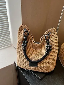 Fashionable woven crochet bucket handbag with unique black beaded handles for women