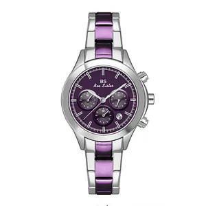 Detalle reloj mujer BS Bee Sister con esfera morada y correa de acero inoxidable