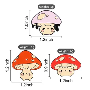 Set of cute anthropomorphic mushroom enamel pins with weight and size specifications
