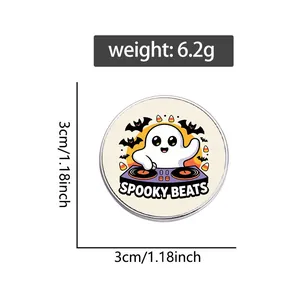 Detail view of the Spooky Beats Halloween ghost DJ pin showing 3cm size and 6.2g weight