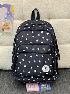 Casual black star print backpack for students with large capacity and multi pockets