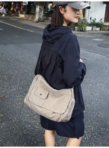 Close-up of a khaki canvas messenger bag worn by a model in an urban setting