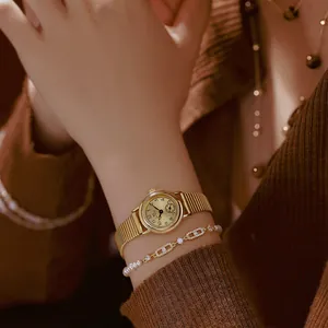 Women Vintage Quartz Watch Small Round Dial With Bamboo Joint Expansion Band Stainless Steel Gold Silver Bracelet Watch For Lady