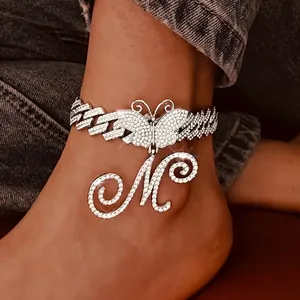 Hip Hop Strass Schmetterling Anfangsbuchstabe Anhänger Panzerkette Fußkettchen Fußschmuck Für Damen Herren Silber