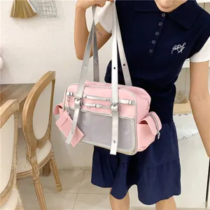 Lifestyle view of a cute pink Japanese school bag featuring silver adjustable straps