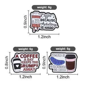 Creative coffee theme enamel pins with size and weight specs for lapel decoration