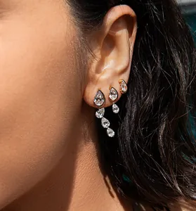 Close-up detail of luxurious S925 sterling silver water drop zircon stud earrings