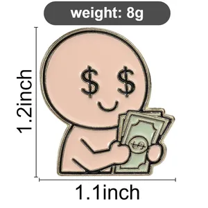 Detailed view of cartoon character holding money enamel pin with 1.1x1.2 inch dimensions.