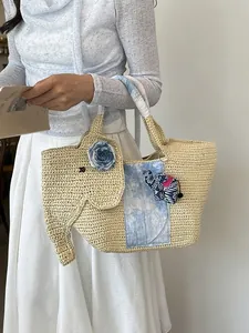 Sac fourre-tout en paille fait main en forme d'éléphant pour plage et vacances