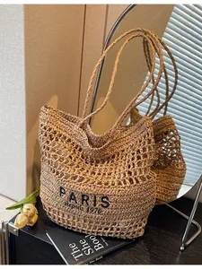 Elegante bolso tote de paja tejida de gran capacidad con bordado de París con estilo