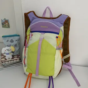 Macro view of a colorful dopamine style outdoor backpack with lightweight nylon fabric