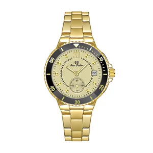 Vista detallada del reloj multifunción para mujer BS Bee Sister de acero inoxidable dorado