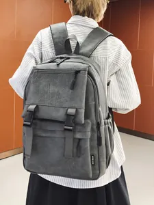 Sac à dos rétro en simili cuir gris grande capacité pour voyage, travail et école