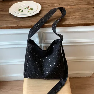 Minimalist large capacity black canvas tote bag with shiny silver star patterns decoration