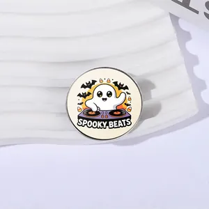 Detailed view of the circular Halloween ghost DJ metal pin featuring Spooky Beats text