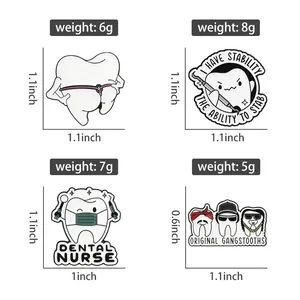 Set of funny tooth enamel pins showing detailed product sizes and weights for bags