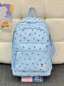 Close-up of a light blue backpack with navy star pattern and stylish tassel zippers