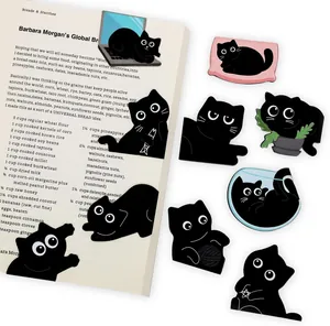 Detailed view of various cute black cat magnetic bookmarks in different playful poses