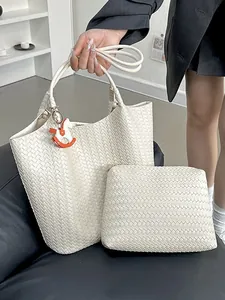 Elegante borsa tote in pelle intrecciata bianca a grande capacità per il pendolarismo quotidiano