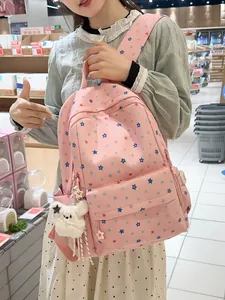Japanese style cute pink schoolbag for girls with star pattern and white bear charm