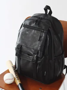 Grand sac à dos vintage en similicuir noir pour voyage et école avec compartiment PC