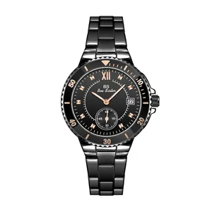 Vista frontal del reloj de mujer BS Bee Sister en acero negro con detalles en oro rosa