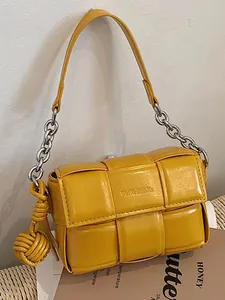 Women Woven PU Leather Square Shoulder Bag Designer Quilted Underarm Bag With Silver Chain Strap Minimalist Small Crossbody Bag