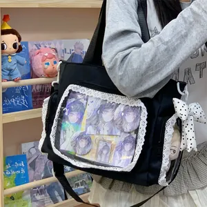 Black large capacity tote bag with lace detail and transparent window for accessories